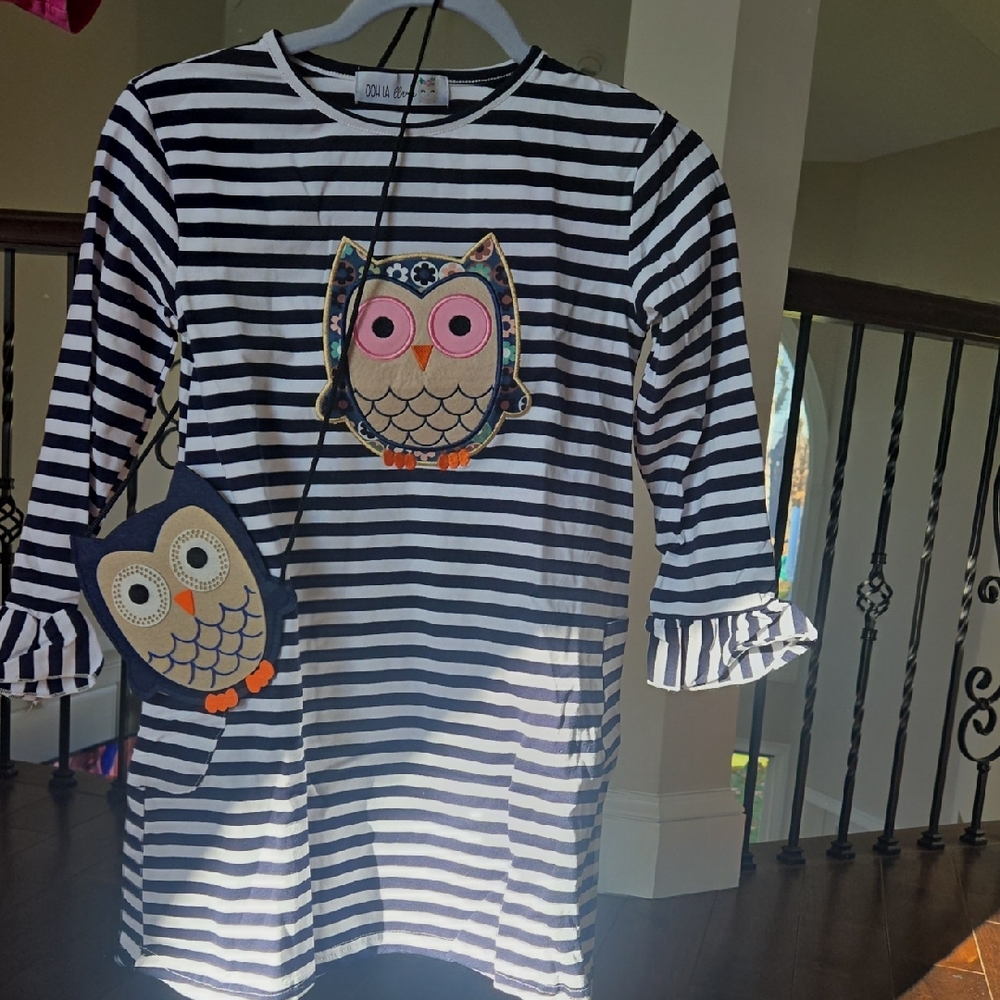 Striped Owl Appliqué Kids Dress